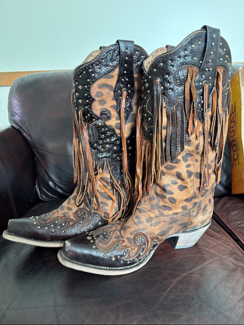 Corral Leopard Print Fringe Studded Cowboy Boots - Brown and Black